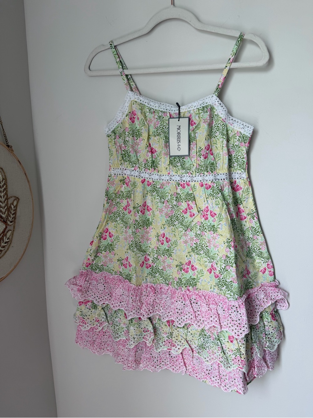Morris & Co. Yellow green cotton Floral Lace-Trim Pink Ruffle eyelet mini dress